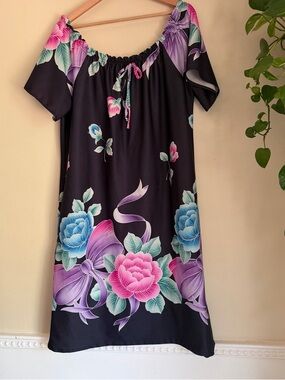 Black Floral Off-Shoulder Midi Dress with Pink & Blue Bloom Vintage Pajama Style